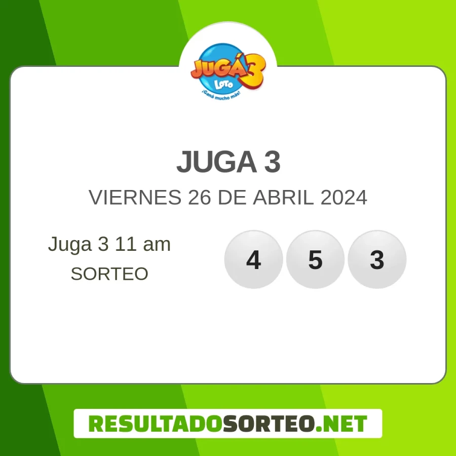 El resultado del sorteo de Juga 3 del 26 de abril 2024 es: 453#, 409##, 722. Resultadosorteo.net