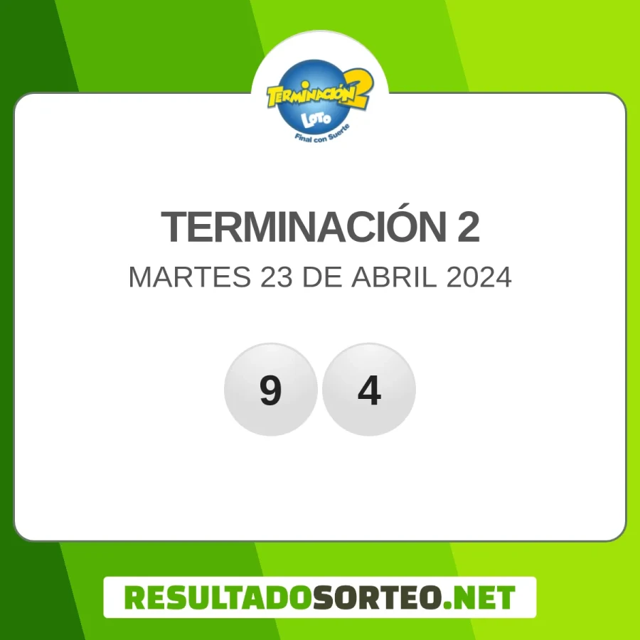 El resultado del sorteo de Terminación 2 del 23 de abril 2024 es: 485, 94. Resultadosorteo.net