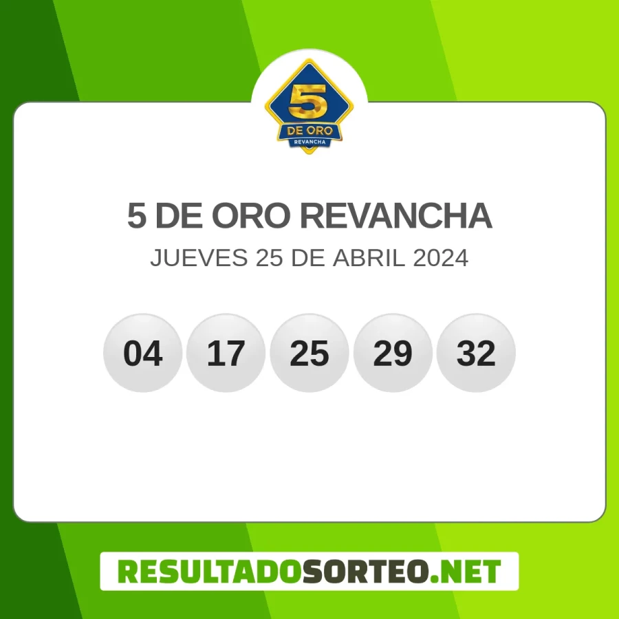El resultado del sorteo de 5 de Oro - Revancha del 25 de abril 2024 es: 04, 17, 25, 29, 32#Pozo Revancha: $ 5, 014, 229.00, 921994283, 5. Resultadosorteo.net