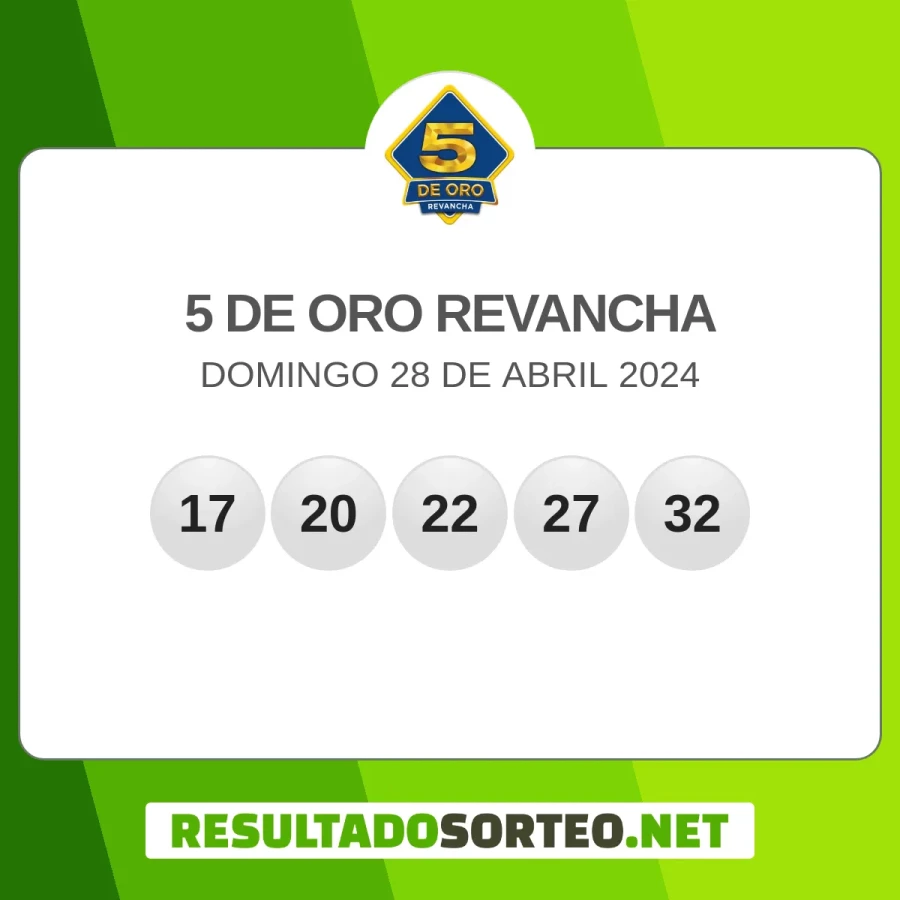 El resultado del sorteo de 5 de Oro - Revancha del 28 de abril 2024 es: 17, 20, 22, 27, 32#Pozo Revancha: $ 5, 827, 173.00, 9167417854. Resultadosorteo.net