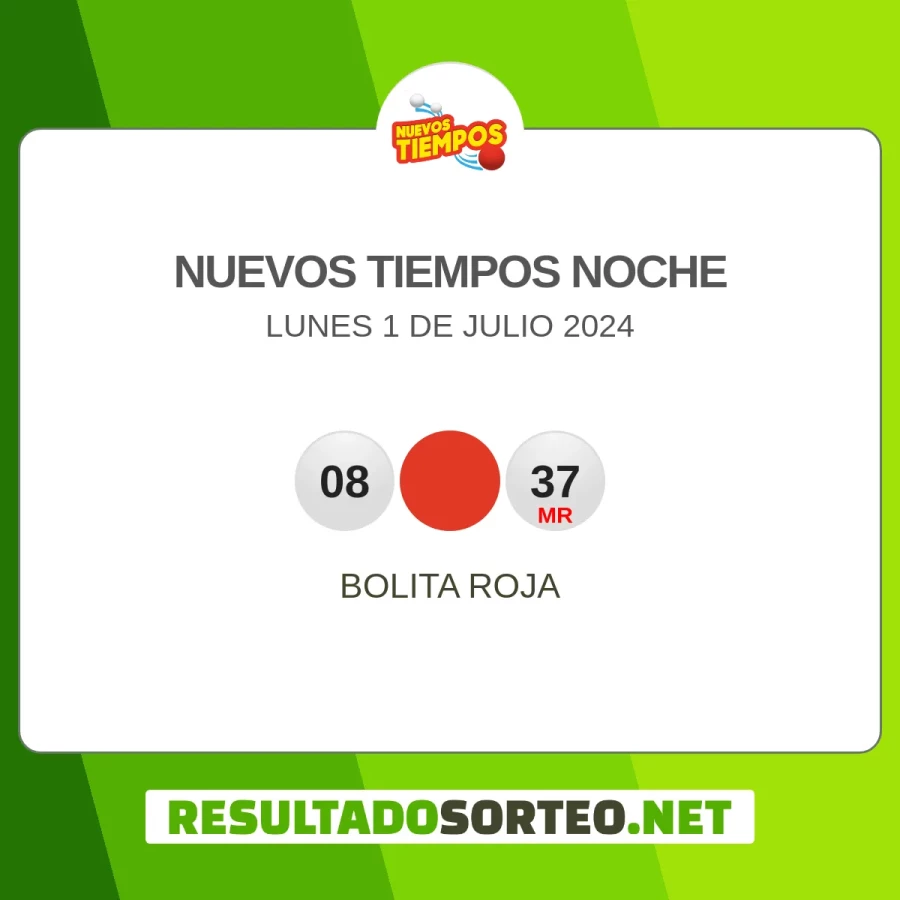 El resultado del sorteo de Nuevos Tiempos Noche JPS del 1 de julio 2024 es: 08, 1, 37. Resultadosorteo.net