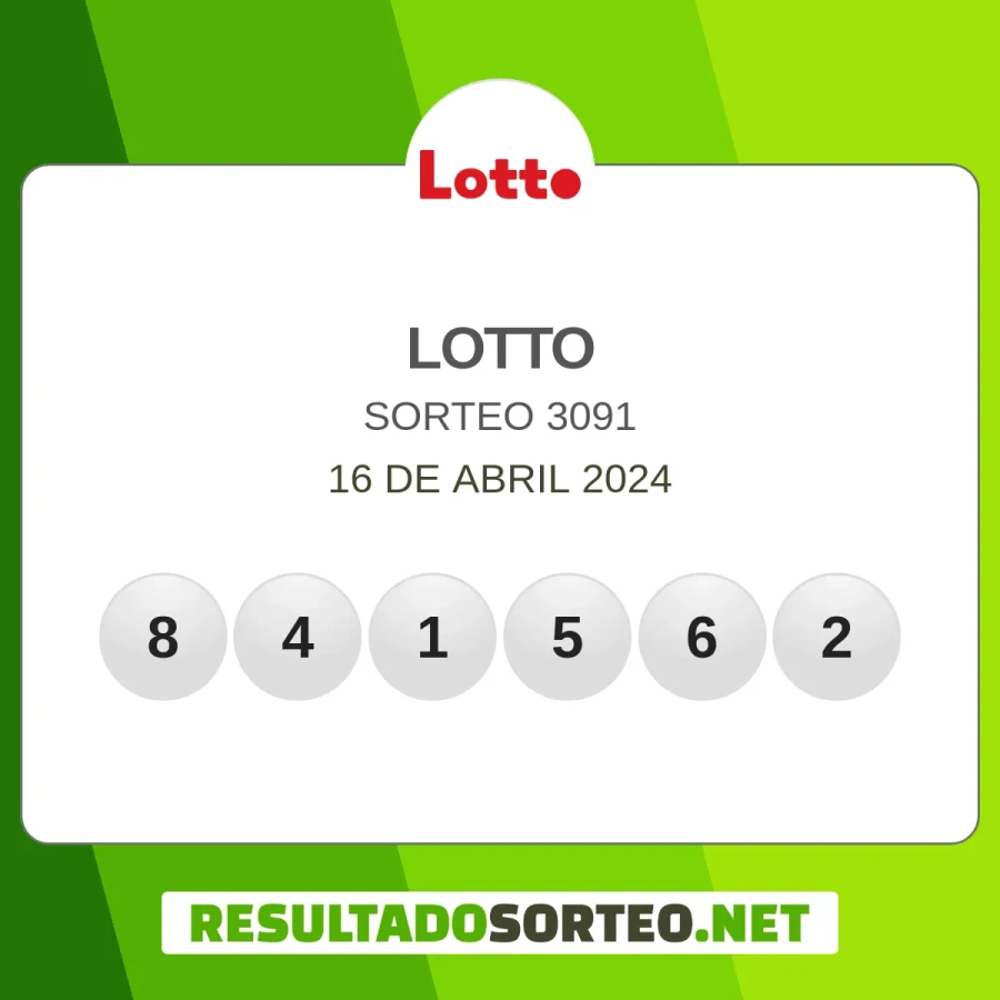 El resultado del sorteo de Lotto del 16 de abril 2024 es: 841562, 3091. Resultadosorteo.net