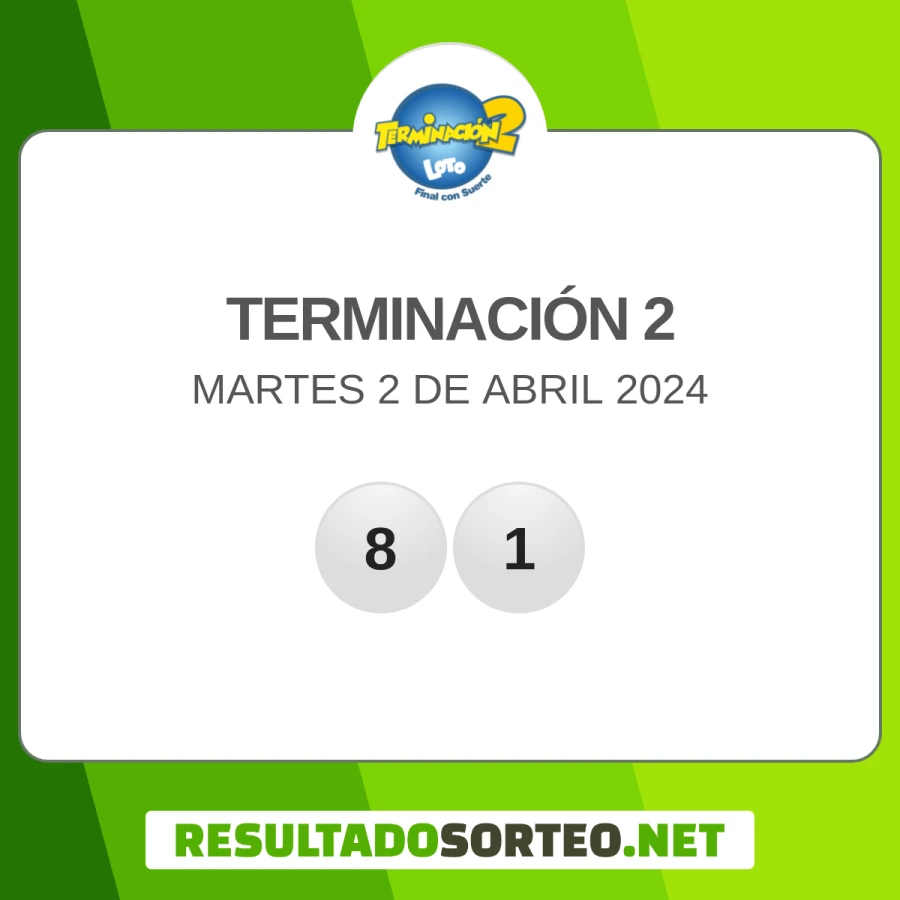 El resultado del sorteo de Terminación 2 del 2 de abril 2024 es: 482, 81. Resultadosorteo.net